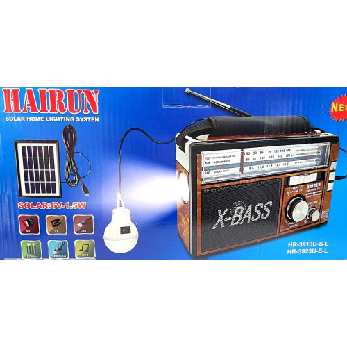 радиоприемник HAIRUN+USB+SD+2 фонарика+аккумулятор+солнечная зарядка HR-3913U-S-L